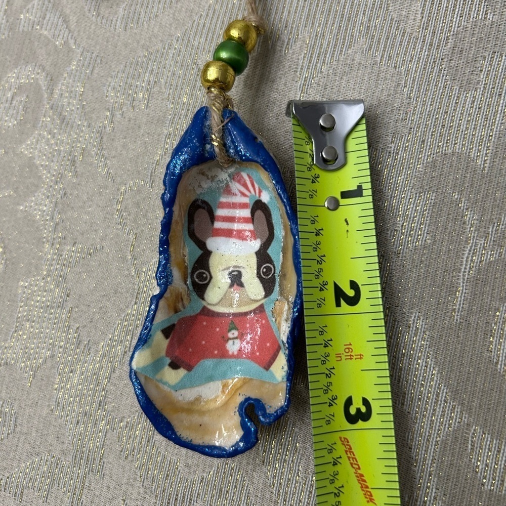 Hand Painted Dog—Boston or Frenchie Oyster Shell Ornament - Picture 4 of 5